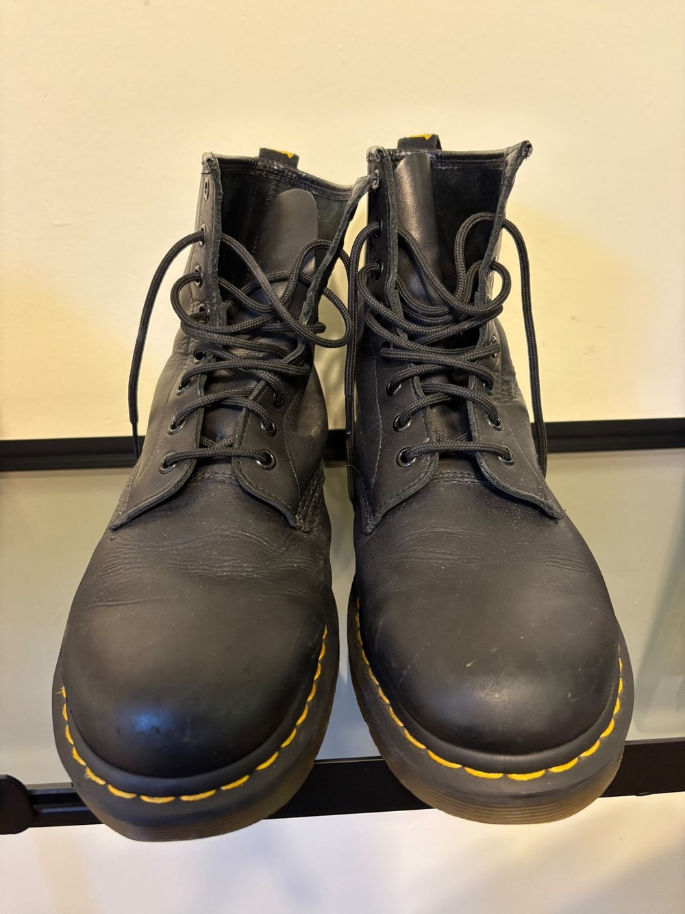 Dr. Martens Black Leather Lace-Up Boots with Yellow Stitching
